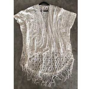 Chico's Open Front Crochet Lace Cardigan Top Fringe 
Cover Kimono Cowgirl Boho